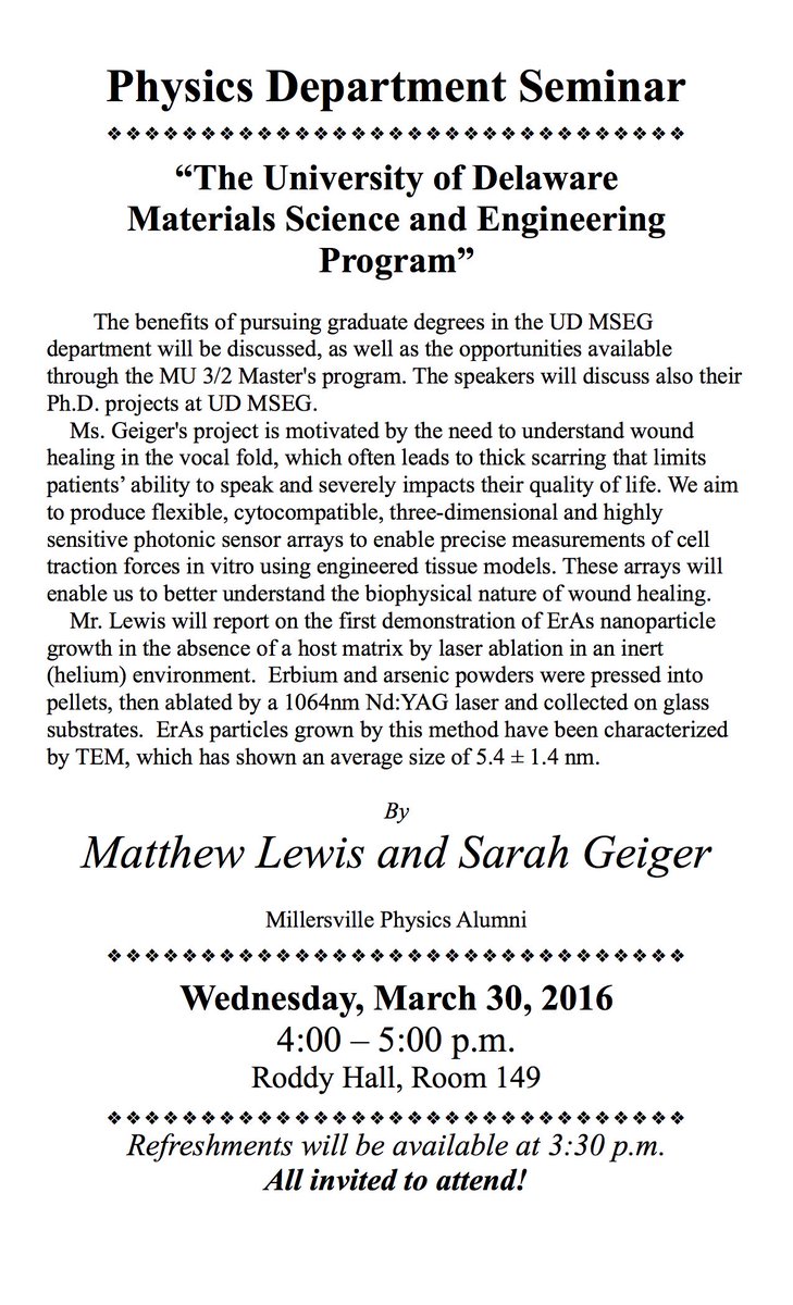 Roddy250's tweet photo. @millersvilleu #Physics welcomes back Matt Lewis+Sarah Geiger of @UDelaware re MatSci+Eng prog 3/30, 4p, Roddy 149. https://t.co/0NTJeTORSu