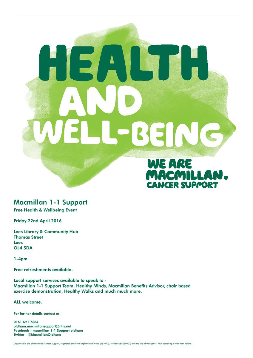MacmillanOldham's tweet photo. Health &amp; Wellbeing Event in Lees Library, all welcome https://t.co/uevH78mmaY