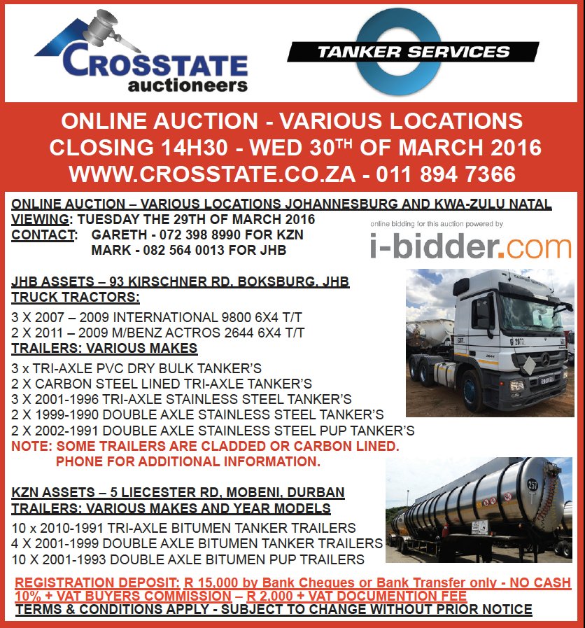 AuctionTraders's tweet image. Crosstate Auctioneers Tanker Services Auction Today
93 Kirschner Road Boksburg Gauteng 0118947366 tarryn@xtate.co.za