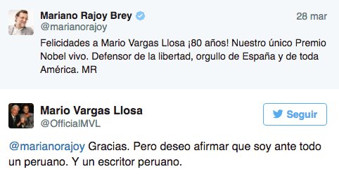 la_informacion's tweet photo. Rajoy reconoce como 'español' a Vargas Llosa y este le recuerda que es peruano https://t.co/DOx5YUwgpS https://t.co/3JScgoKwkf