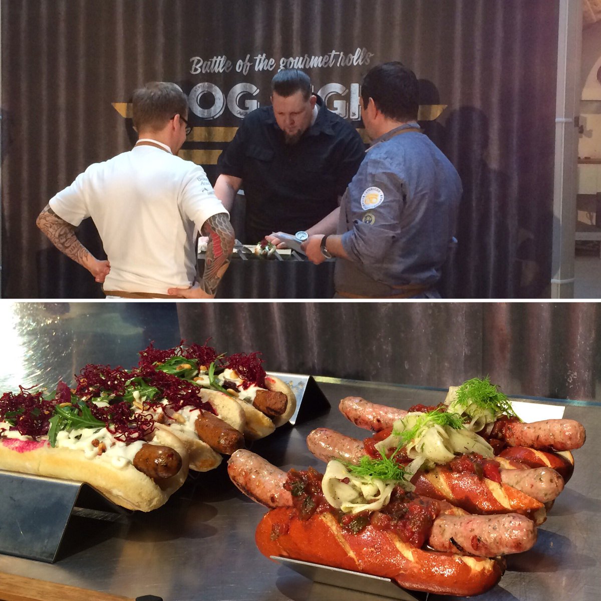 Our famous <a href="/hotdogjudge/">The Hotdogjudge</a> is on the first heat of our gourmet dog fight. Tough job.