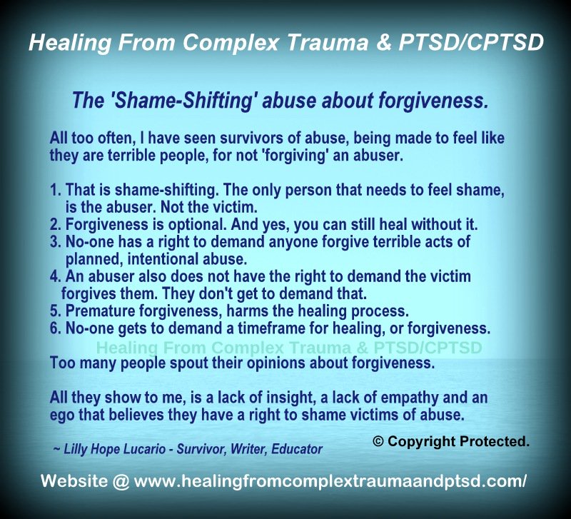 HealingCPTSD's tweet image. Society needs 2 stop shaming #abuse survivors, about forgiveness.

@HealingCPTSD
#ComplexTrauma #childabuse