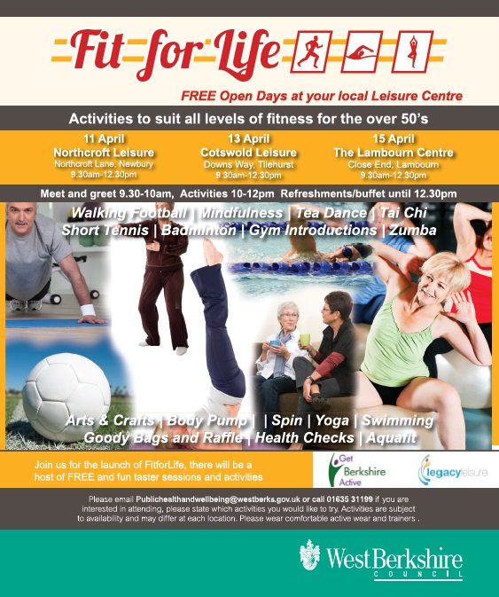 WestBerksPH's tweet image. Join us for the Fit for Life launch and open days, activities for 50+ age group @WestBerkshire #leisure