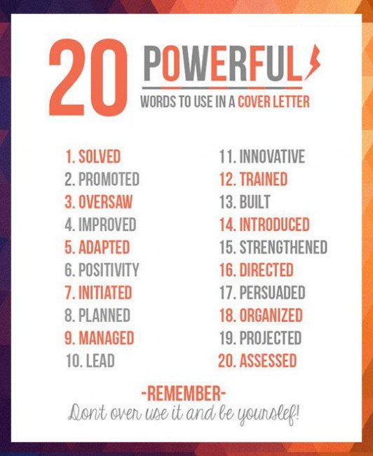 SkillsRUs_ZA's tweet photo. Powerful #words to use on your #motivational / #cover letter! #jobs  #applications #skills #NPO https://t.co/H2angCFGuj