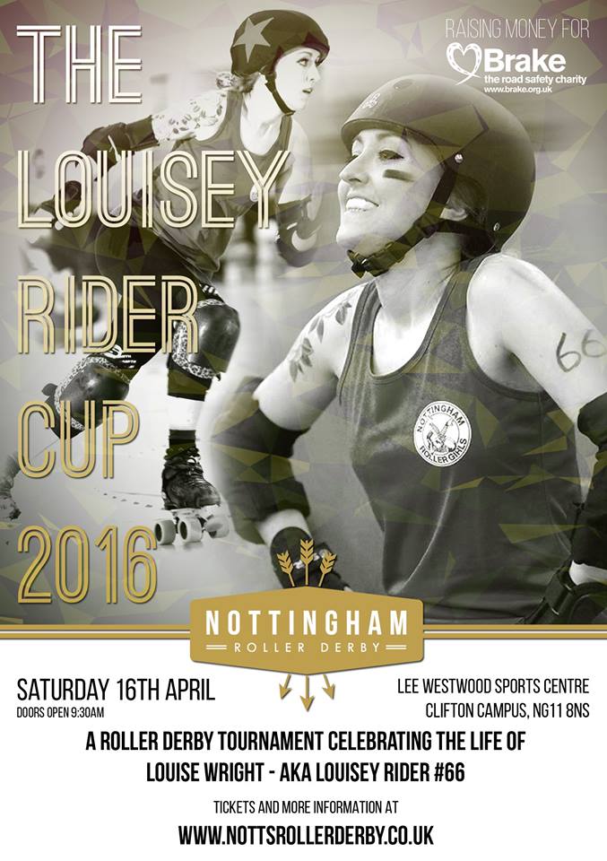 Come along to the Louisey Rider Cup in memory of @NottsRollerGirl's brightest star 💚 #rollerderby #Nottingham