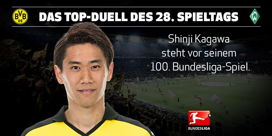 Bundesliga_DE's tweet photo. Rekordspiel für @S_Kagawa0317: Er wird zum 100. Mal für @BVB auf dem Platz stehen #BVBSVW https://t.co/psrYfZIvQO