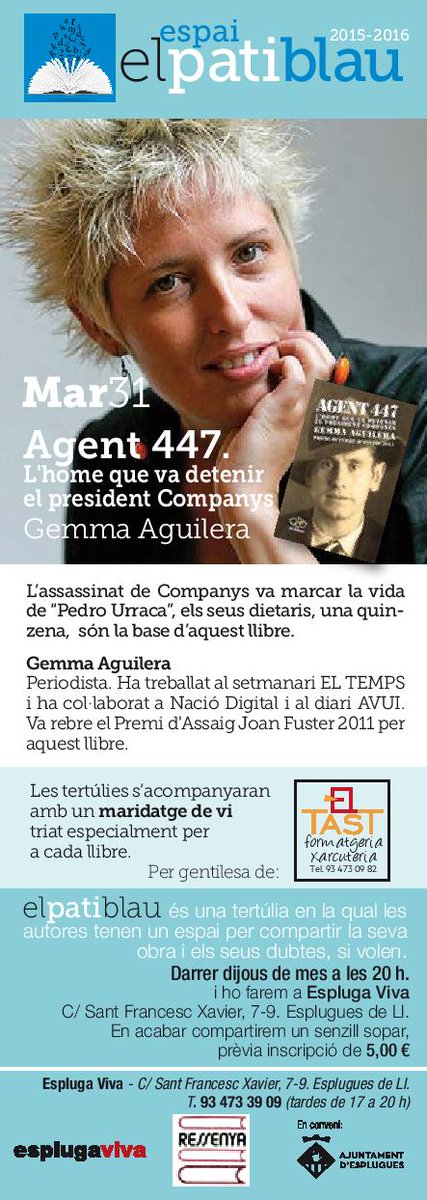 Editorial_3i4's tweet image. El proper  DIJOUS 31 de març,tertúlia amb @Gemmaaguilera i #Agent447 al #PatiBlau #Esplugues #llibres3i4