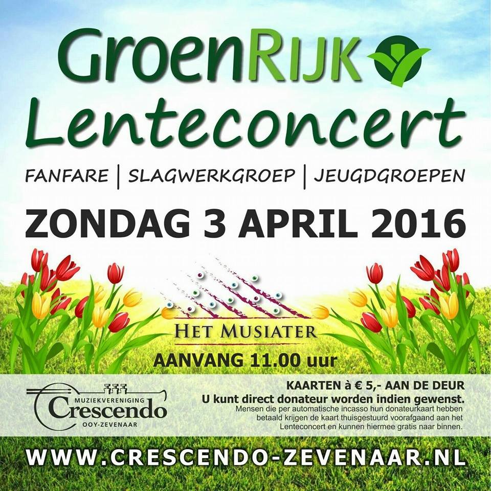 Zondag: <a href="/GroenRijk/">GroenRijk</a> #Lenteconcert <a href="/Crescendo_Ooy/">Crescendo-Zevenaar</a> <a href="/topslagwerk/">Slagwerk Crescendo</a> <a href="/Musiater/">Het Musiater</a> <a href="/Zevenaar/">Gemeente Zevenaar</a> <a href="/ZevenaarNL/">Zevenaar Citytweet</a> bit.ly/1RIurp3