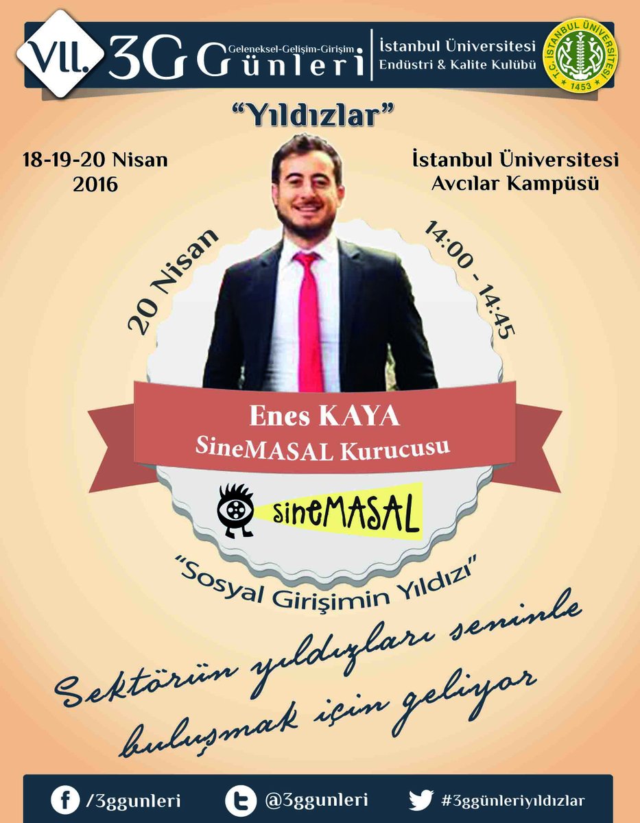 #Sinemasal Kurucusu Enes KAYA 20 Nisan 2016 tarihinde VII. 3G Günleri'nde <a href="/sinemasalorg/">Sinemasal</a> <a href="/enesinema/">Enes Kaya</a>