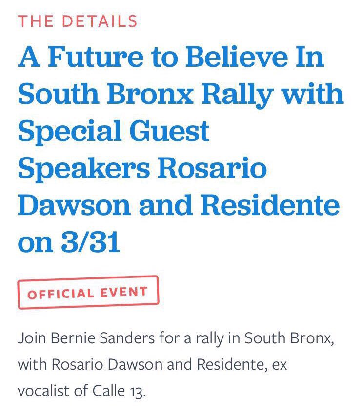 Latinos4Bernie's tweet photo. RSVP! @Residente (Calle 13) & @RosarioDawson will join @BernieSanders TOMORROW in the #Bronx https://t.co/uLZbDmvVqf https://t.co/leMDqR3XlN