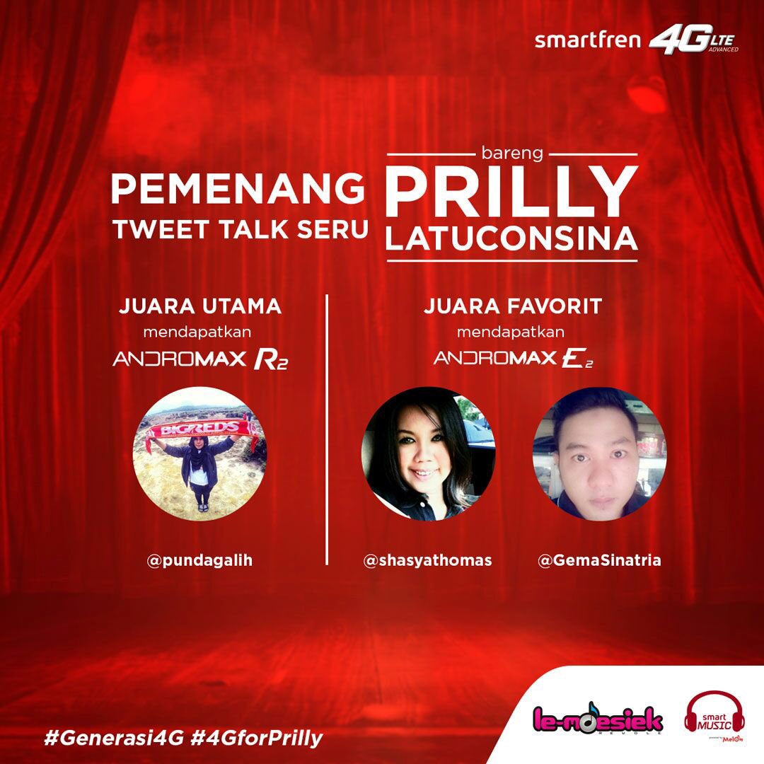 smartfrenworld's tweet photo. Selamat kpd pemenang Tweet Talk brg @PrillyBie #4GForPrilly nih! Selamat @pundagalih @shasyathomas @GemaSinatria https://t.co/D2HFvy3I78