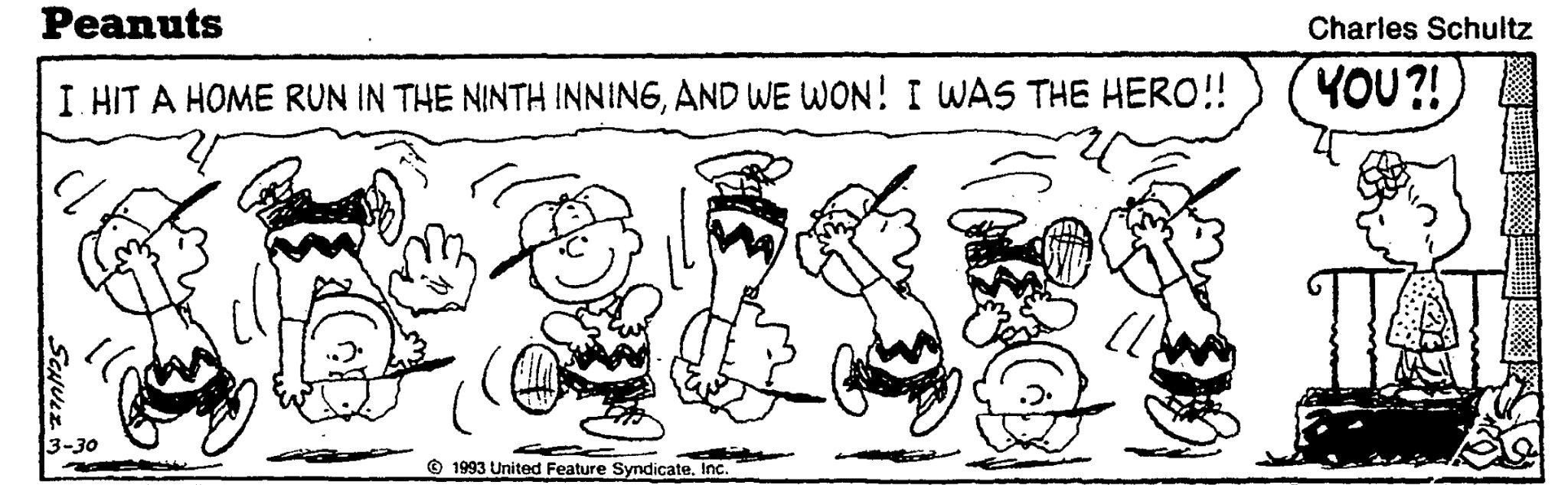 Image result for 1993 - In the Peanuts comic strip, Charlie Brown hit his first home run.