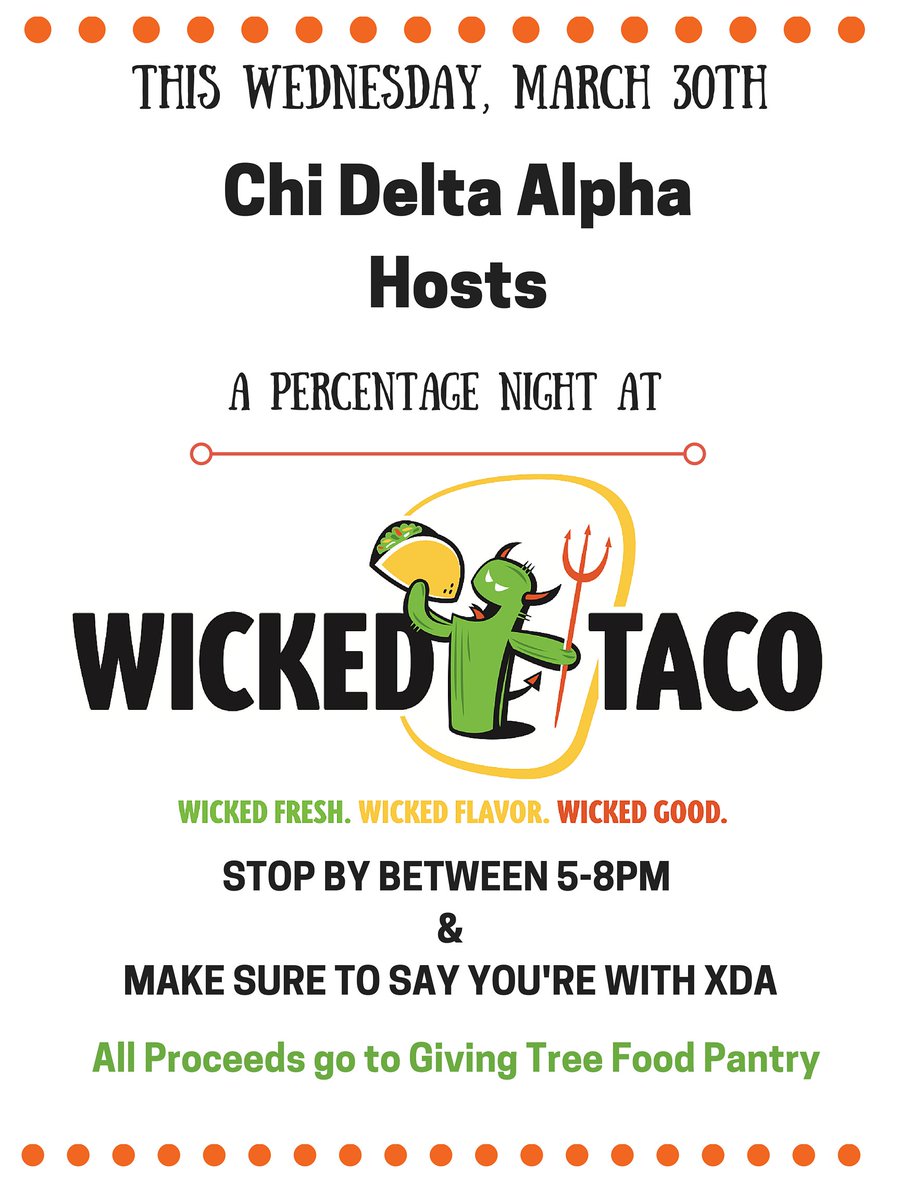 XDA_VT's tweet photo. Who doesn't love TACOS!! Come out tonight to Wicked Taco to Help support the Giving Tree Food Pantry! https://t.co/p3GbYL8RA9