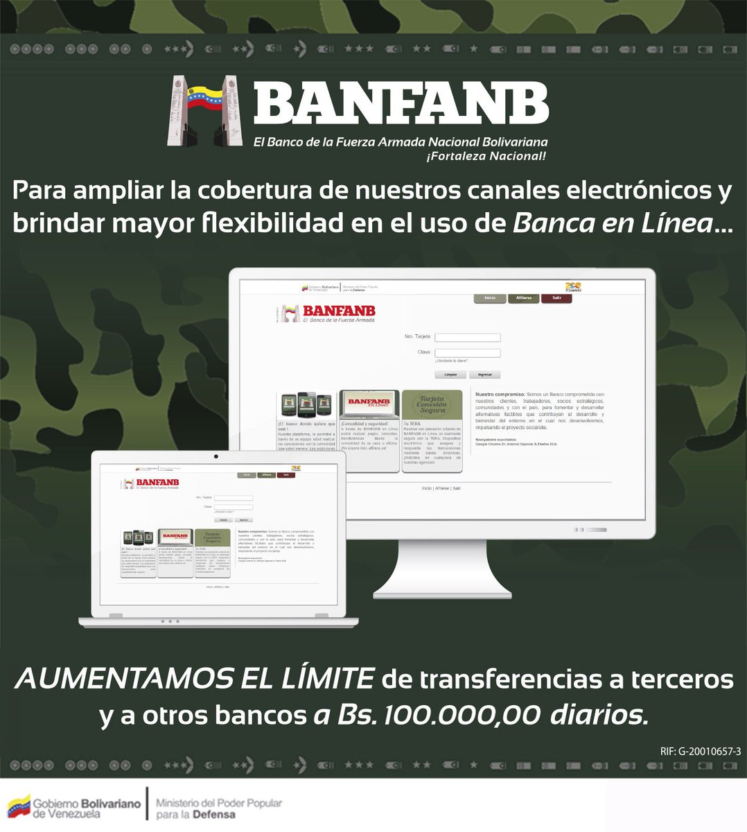 En @BanFANB aumentamos el límite de transferencias a terceros y a otros bancos a Bs. 100.000,00 diarios.