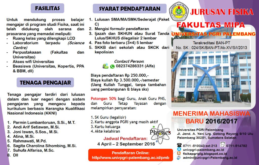 one_solutionPlg's tweet image. Penerimaan mahasiswa baru jurusan fisika Mipa Universitas PGRI Palembang #infopalembang #PALEMBANG
