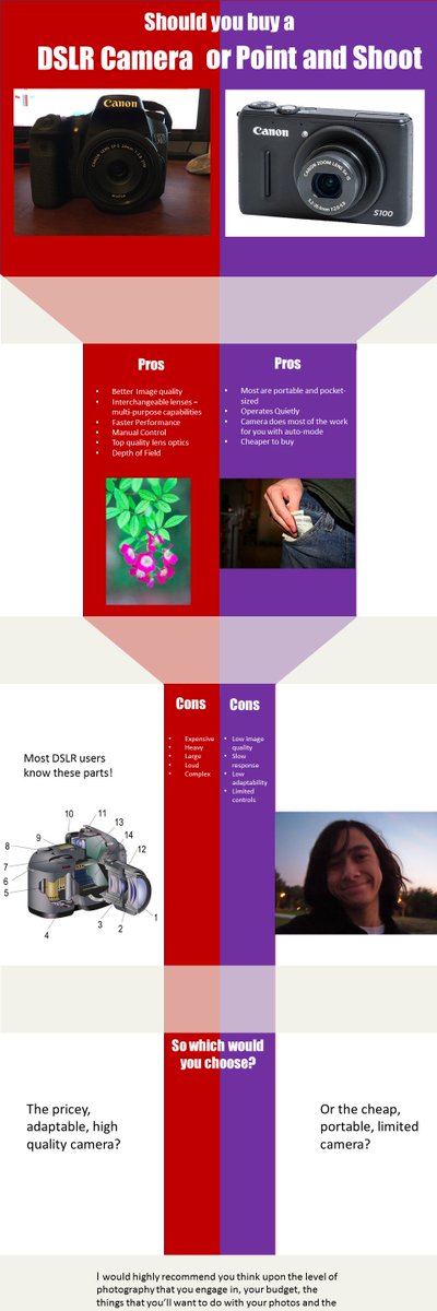 jhamlin917's tweet photo. A simple infographic to help determine if a DSLR or point and shoot camera is right for you! 
#photography #RTV2100 https://t.co/eXQyTg7US4