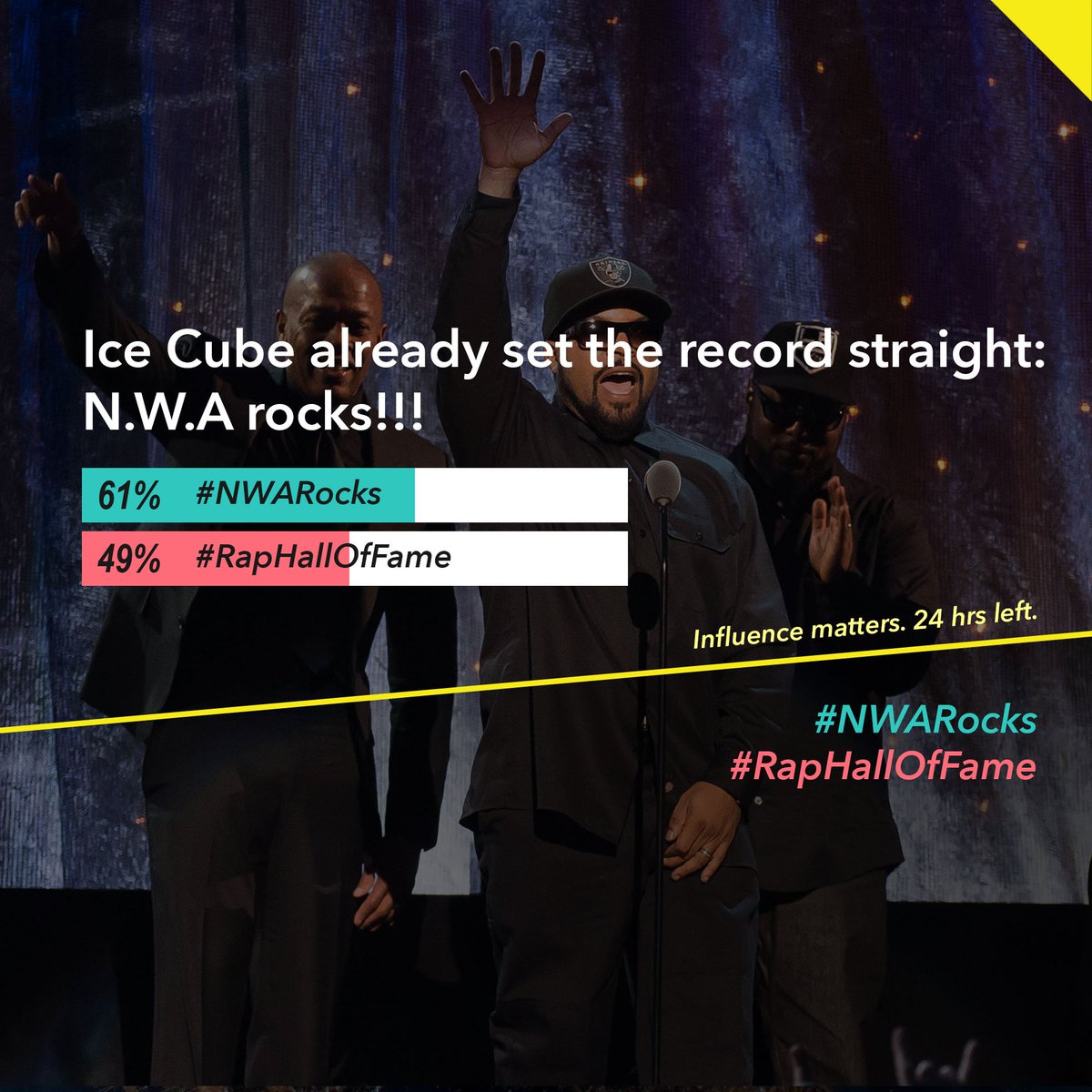TheTylt's tweet photo. #IceCube already set the record straight: #NWARocks!
But for those who want a #RapHallOfFame, 24 hrs left to vote! https://t.co/LL7jiwsSq8