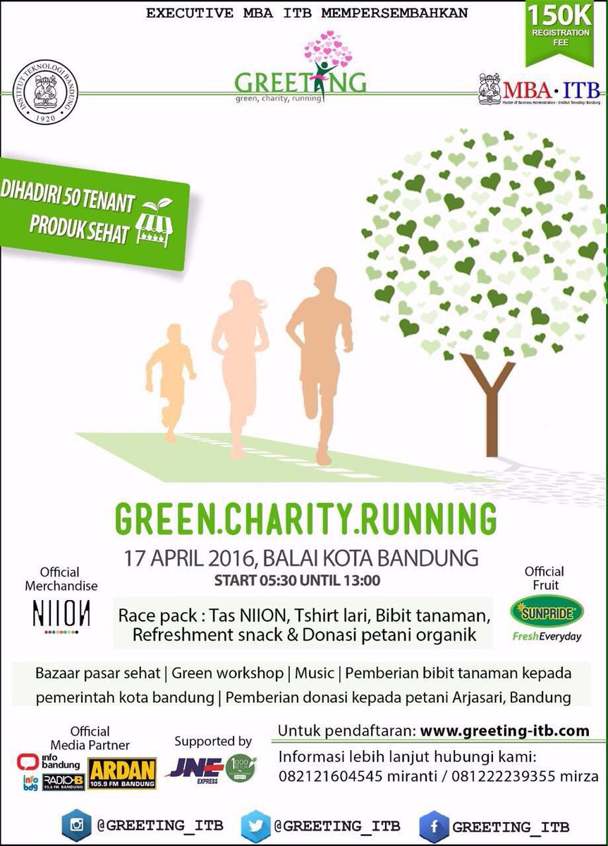 ardanradio's tweet photo. MBA ITB present: @GREETING_ITB. FUN RUN 5K, charity &amp; pasar sehat.17 April 2016. only 150K. https://t.co/IuPe4JnFzI https://t.co/MmHb6DL9RH