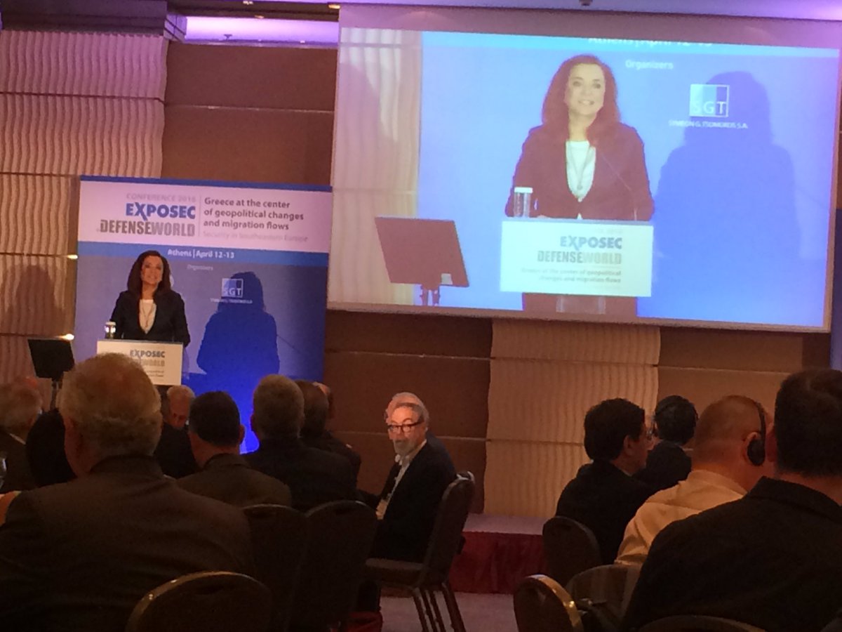 AmChamGr's tweet photo. Η βουλευτής της Νέας Δημοκρατίας @Dora_Bakoyannis στο βήμα της 4ης Exposec Defenseworld #AmChamGr #defenseworld https://t.co/N75Bl6jO8A