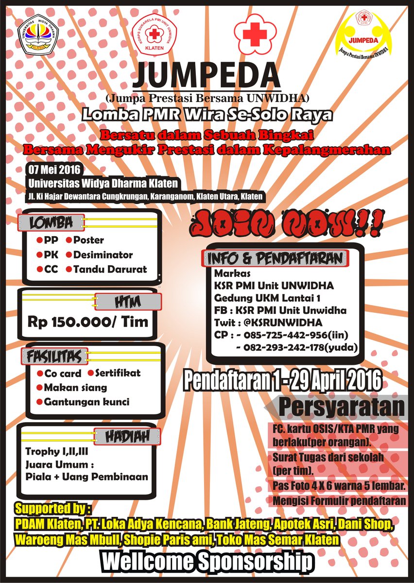 Ikuti dan meriahkan JUMPEDA ( Jumpa Prestasi Bersama UNWIDHA) 7 mei 2016 di Universitas Widya Dharam <a href="/KSRUNWIDHA/">KSR UNWIDHA KLATEN</a>