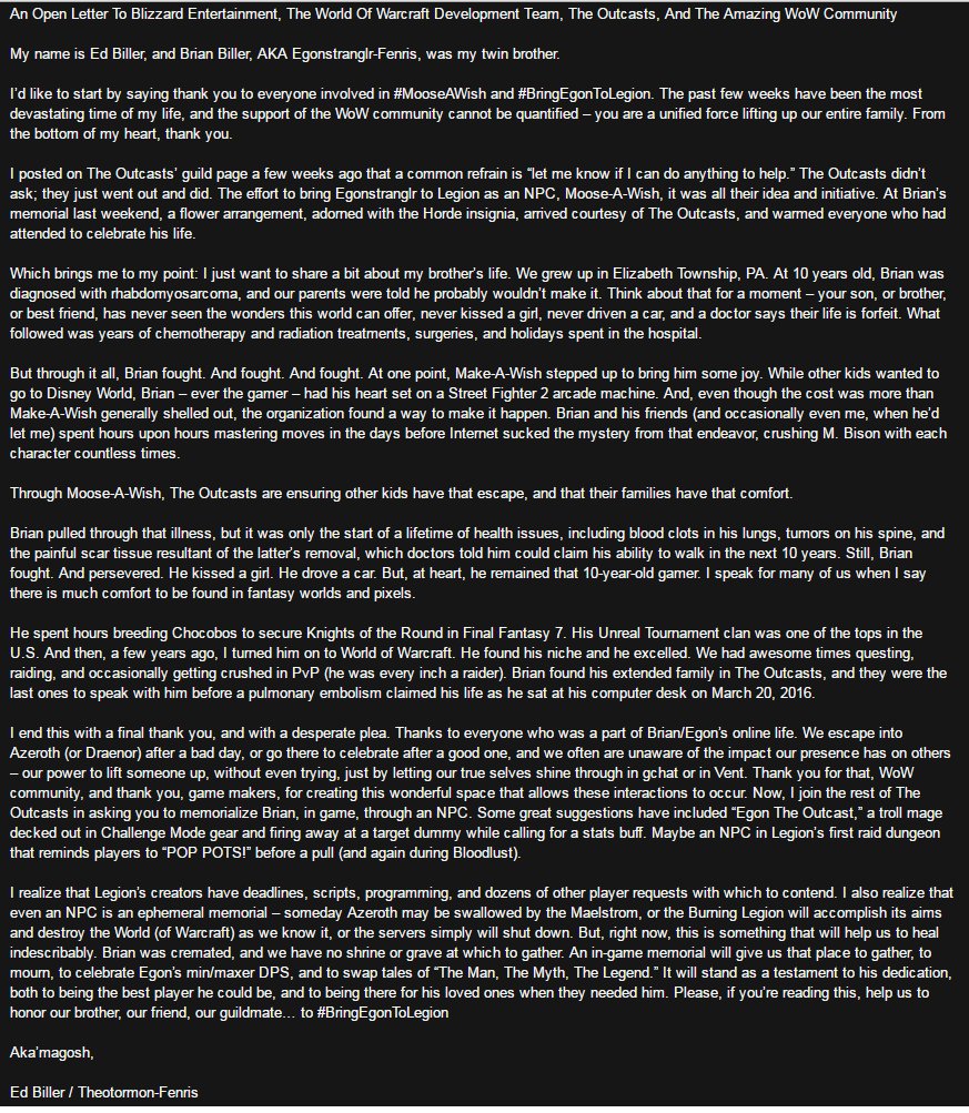 OutcastsRaka's tweet photo. @WoWDevs @Celestalon @WatcherDev @holinka An amazing letter from Egon's brother. Tears were shed. #bringEgonToLegion https://t.co/zSbb2xX8Xv
