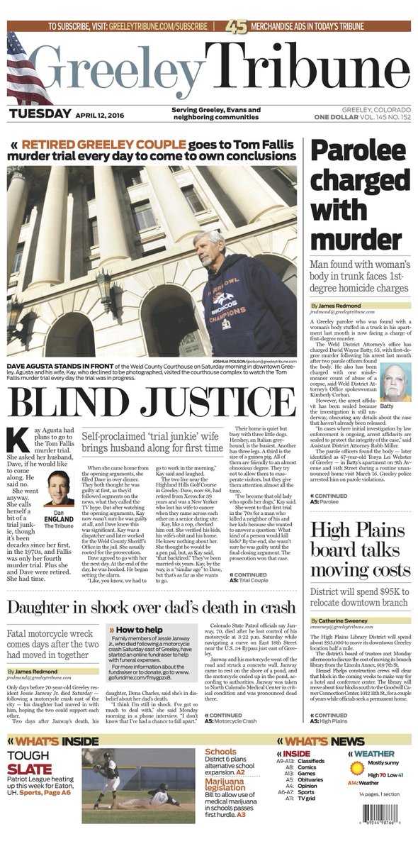 GreeleyTribune's tweet photo. FRONT PAGE: Greeley couple went to #Fallis trial every day to draw their own conclusions. https://t.co/Rsnf077Wlu