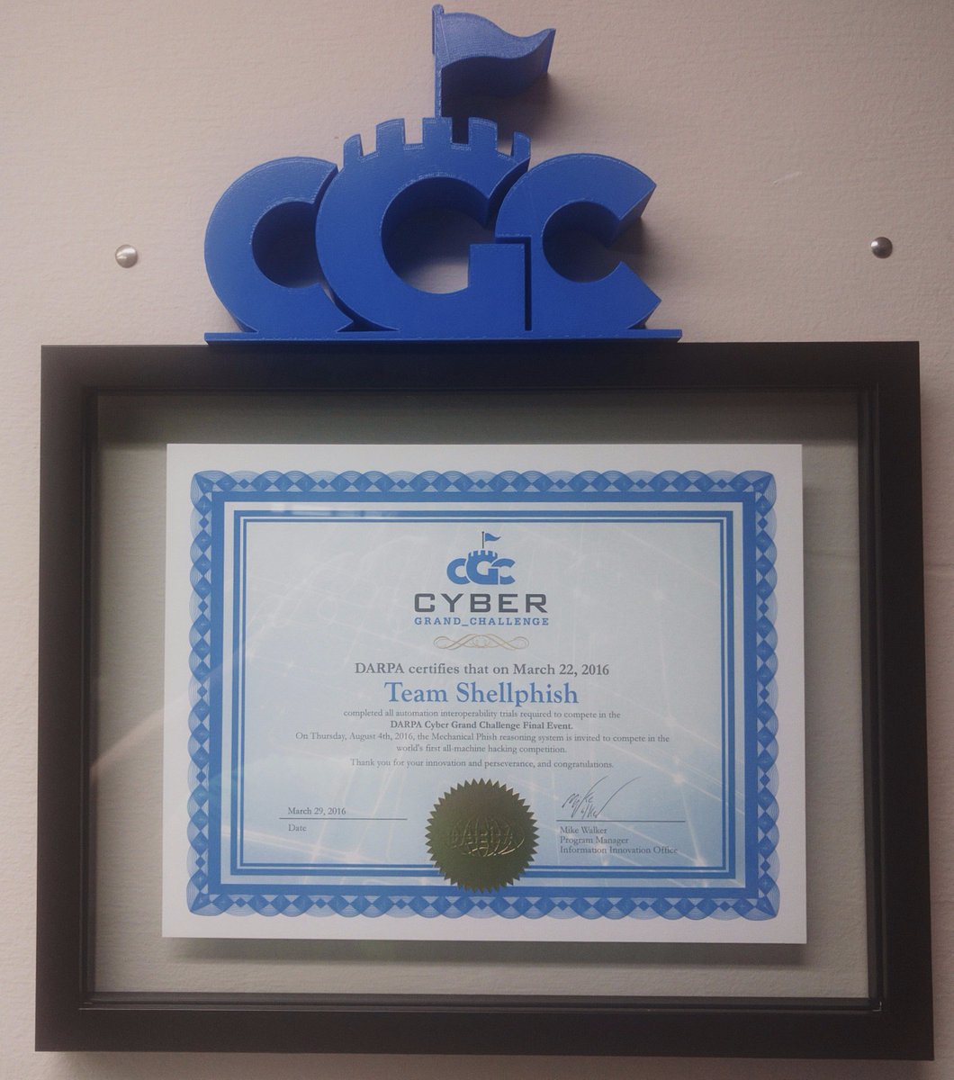 shellphish's tweet image. Extending #shellphish&apos;s #DARPACGC collection! Atypically for us, but we even managed to frame it! @mechanicalphish