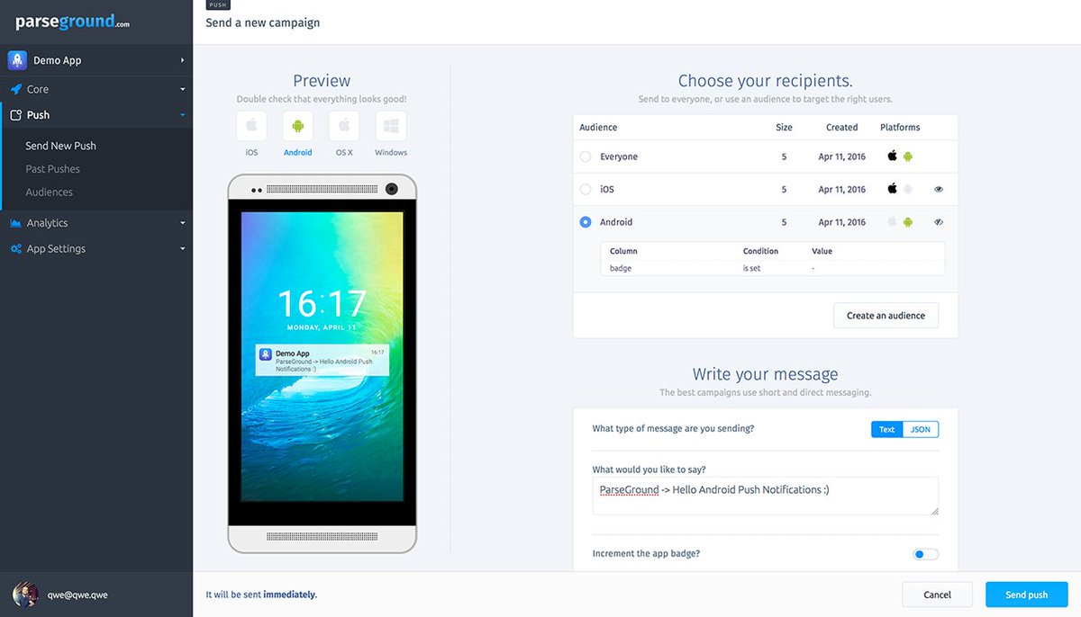 sashidoio's tweet photo. Android Push Notifications are also coming! :) Video soon.  #parse #appdev #AndroidDev #parseshutdown #ParseServer https://t.co/yv2hWx7y0n