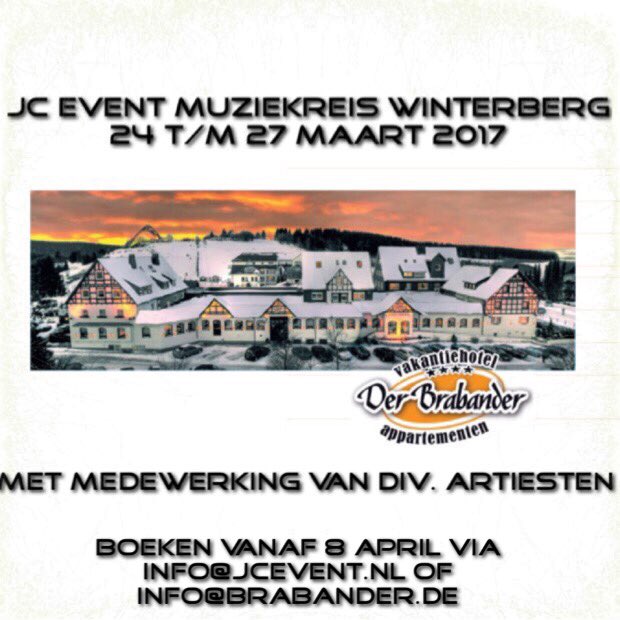 Het duurt nog wel even ,maar je kunt al boeken voor de <a href="/JC_event/">JC Event</a> Muziekreis 2017 naar <a href="/DerBrabander/">Hotel der Brabander</a>.Info:06-12963738