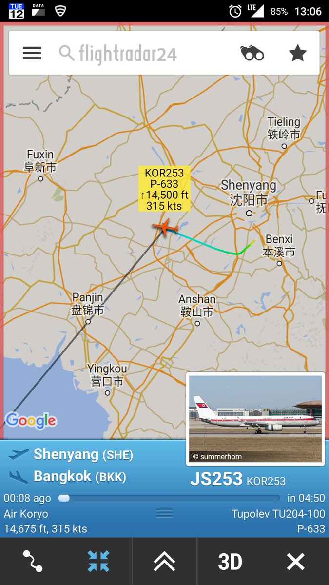 CivMilAir's tweet photo. #DPRK #NorthKorea Air Koryo
Tu204 #P633 JS253 from Shenyang to Bangkok
https://t.co/9bNLlgNtC6 https://t.co/8J7MrfeS7W