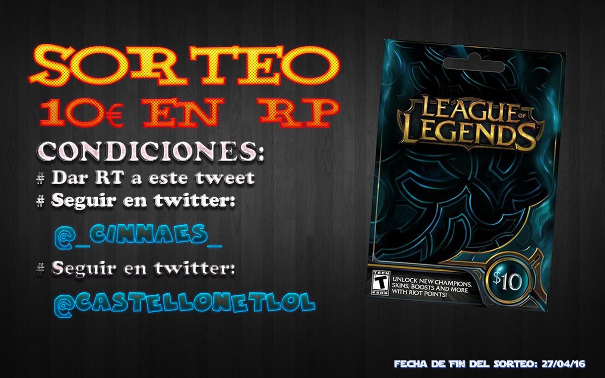 _CiNNaeS_'s tweet photo. SORTEO DE 10€ DE PAYSAFECARD
RT + Seguir a @_CiNNaeS_ y @CastellonetLoL  
Fecha limite: 27/04/2016
¡¡Mucha Suerte!! https://t.co/nNGyt0JGLp