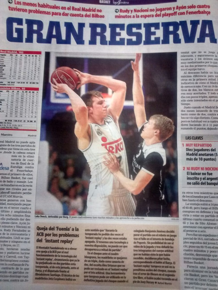 titularitis's tweet image. Gran partido de los menos habituales del @RMBaloncesto ante @CDBILBAOBASKET. El @marca tenía claro el titular.