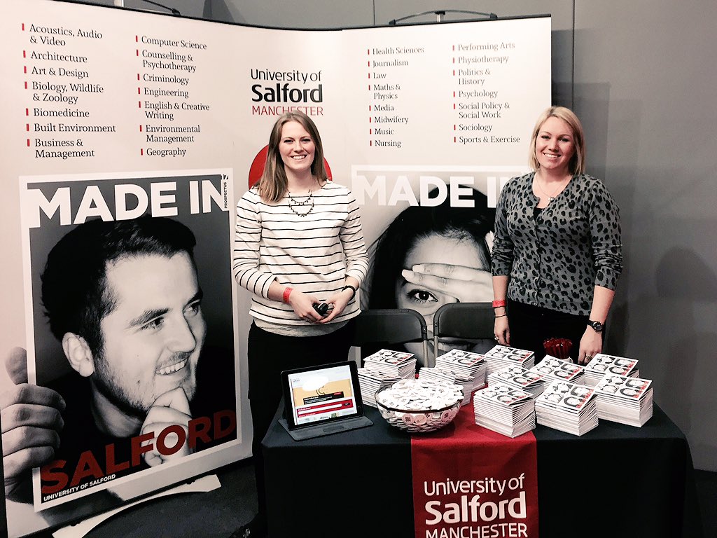 alysonofagun's tweet photo. We're on stand 125 at #UCASExeter today-come &amp; say hi! @SalfordUni @salfordbizsch @salfordsu @SamGrogan @UoSGlobal https://t.co/vM5QuyZ5N0