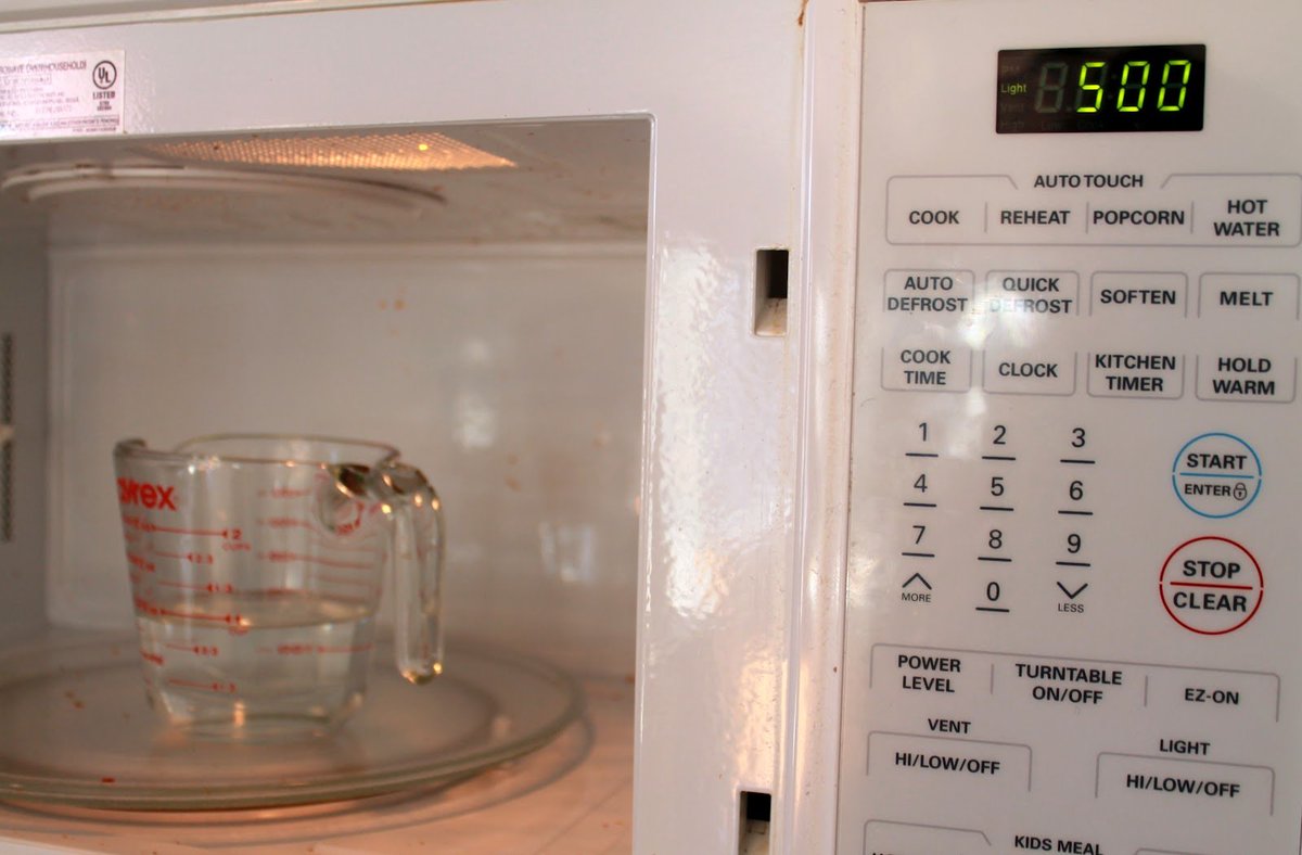 Cleaning a microwave is easy. Fill a glass cup with water and vinegar, run on high for 5 minutes, and wipe inside.