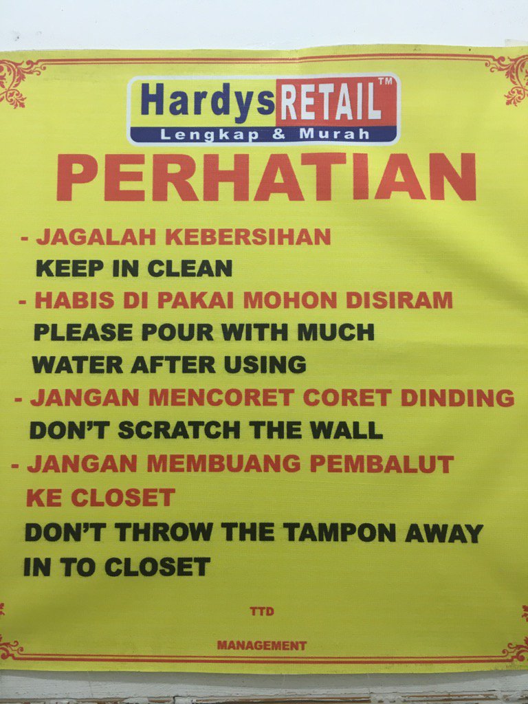 BillBailey's tweet photo. Notice in Indonesian khazi . Who's been scratching the walls and ruining it for everyone? https://t.co/2xrAqv097M