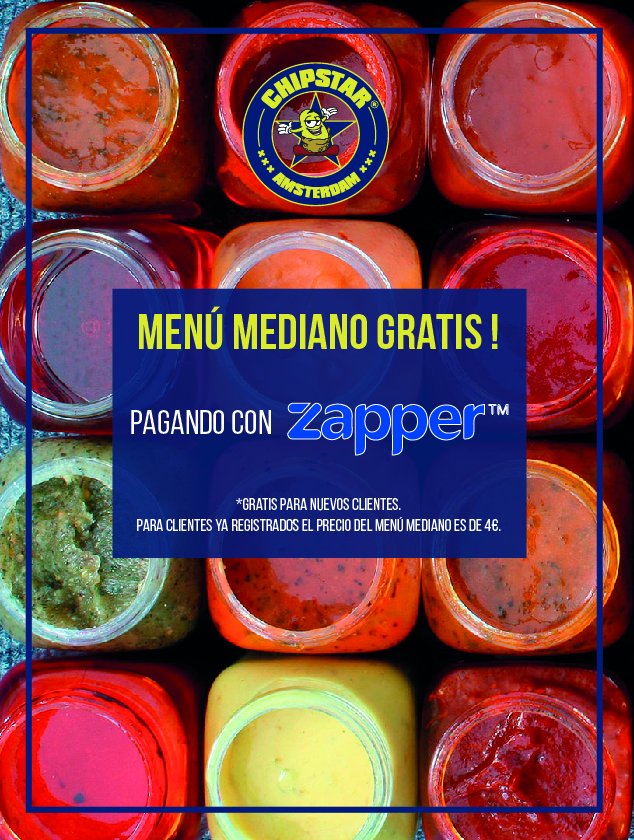 chipstar_espana's tweet photo. Tu menú mediano gratis y con dos salsas incluidas pagando con @zapperspain ¿Cuáles quieres? #maxmadrid https://t.co/iU2BwkiqA4