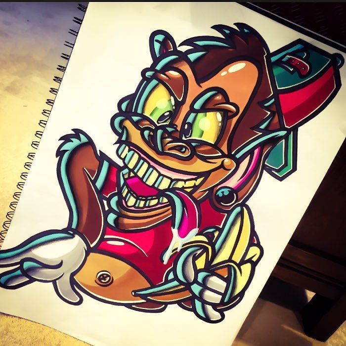 BrujaMaracc's tweet photo. Dance for me monkey boy! 🐒 #newschool #newschooltattoo #newschooldesign #tattoo #monkey #banana #art #drawing #graf… https://t.co/gsbQuBzvfH