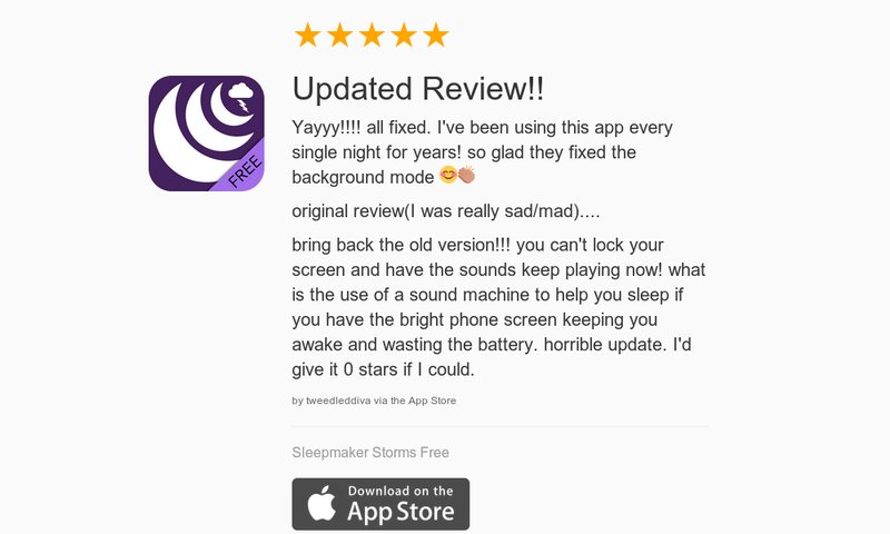 SleepmakerApps's tweet image. 5 Star Review: "Updated Review!!: Yayyy!!!! all fixed. I've been using this app every sing…" launchkit.io/reviews/MduqWa…