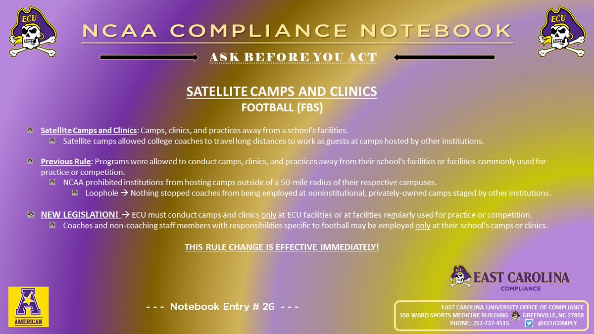 Compliance Note #25: Satellite Camps and Clinics (FBS) #ECUndaunted #ECUPirates