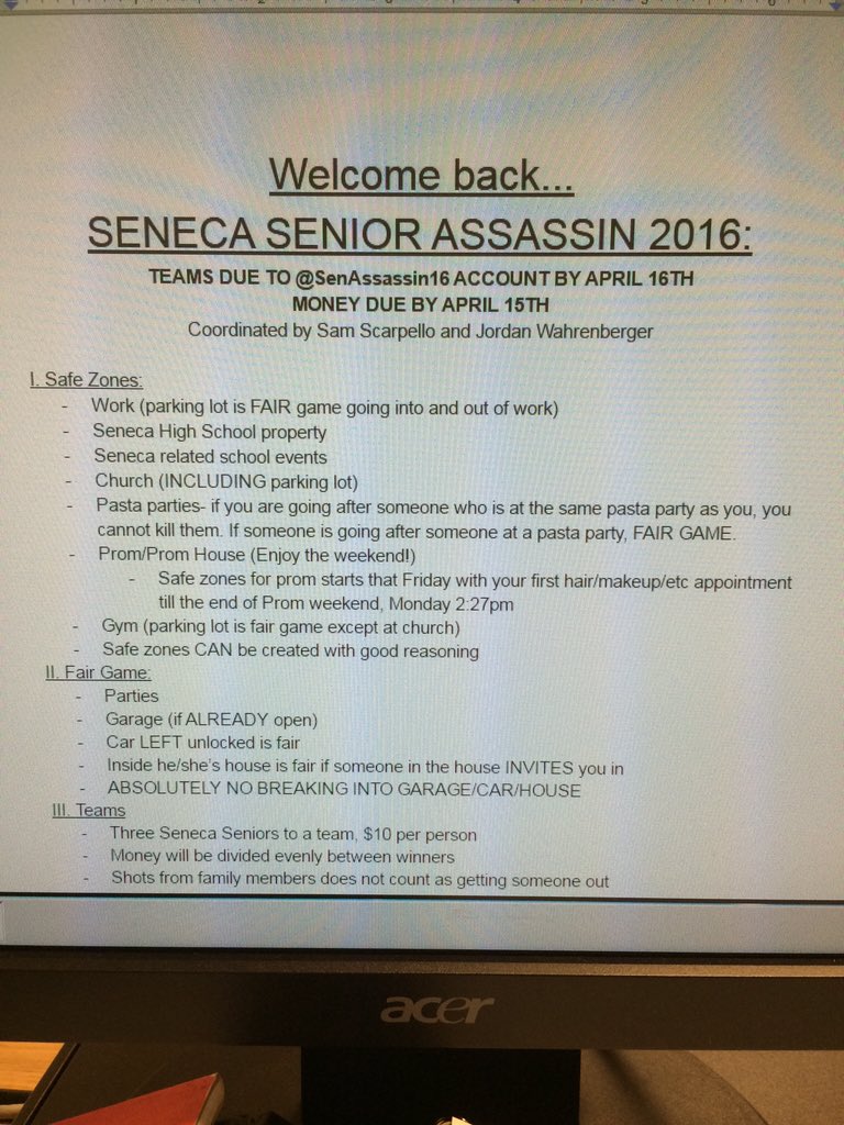 SenAssassin16's tweet photo. Text this account your team by April 15th! Turn in your money ASAP. Here are the rules.... #WelcomeBack https://t.co/F45IIRGBWH