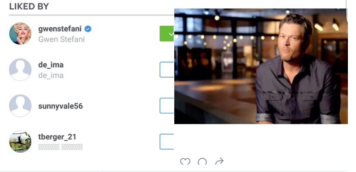rebeccaalpert1's tweet photo. oh sneaky gwen liking the #voteteamblake video https://t.co/AJgEg3ZspY