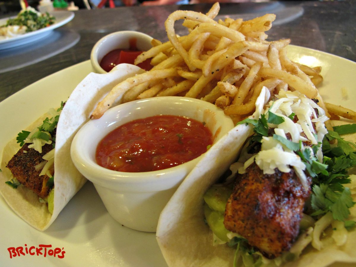 BrickTopsGables's tweet photo. #FishTacos: blackened fish of the day, cheddar, avocado, &amp; cilantro w/ fries or coleslaw. #BrickTopsCoralGables https://t.co/K66HIDHGuL