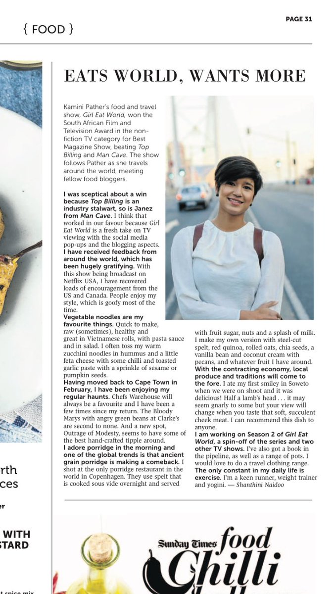 KaminiPather's tweet photo. Thanks for the feature @SundayTimesZA #GirlEatWorldTV #foodtravel #saftas10 https://t.co/rBMAU1dvOE