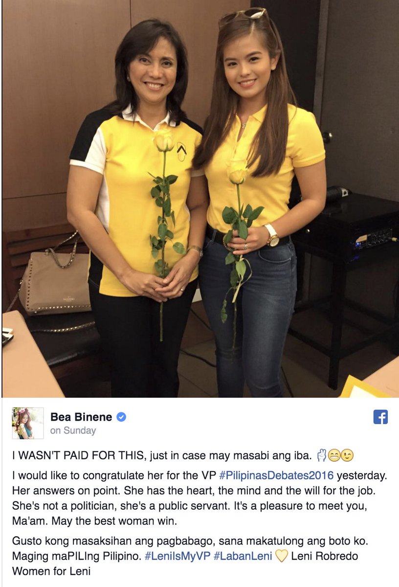lenirobredo's tweet photo. [A] "She's not a politician, she's a public servant" - @beabinene. Maraming salamat sa suporta, Bea! #LeniIsMyVP https://t.co/Ajayh4sNt3