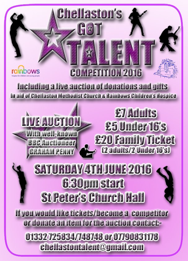 ChelloTalent16's tweet photo. Come along to our brilliant event for 2016. Raising money for Rainbows and Chellaston Methodist Church. https://t.co/hzHqbZ6vMD