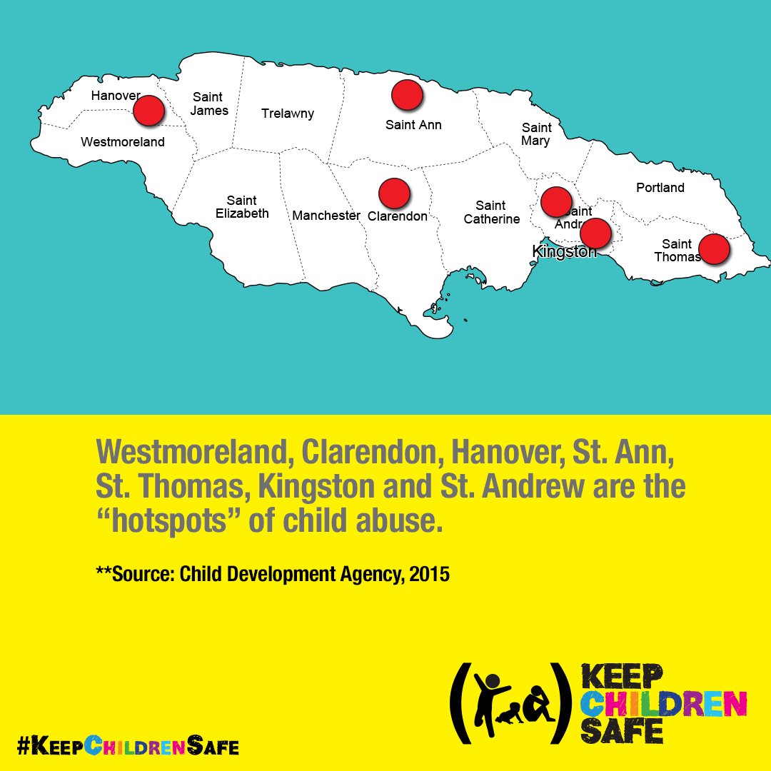 UNICEFJamaica's tweet photo. Westmoreland, Clarendon, Hanover, St Ann, St Thomas, KGN &amp; St Andrew are child abuse "hotspots". #KeepChildrenSafe https://t.co/omAlCCevka