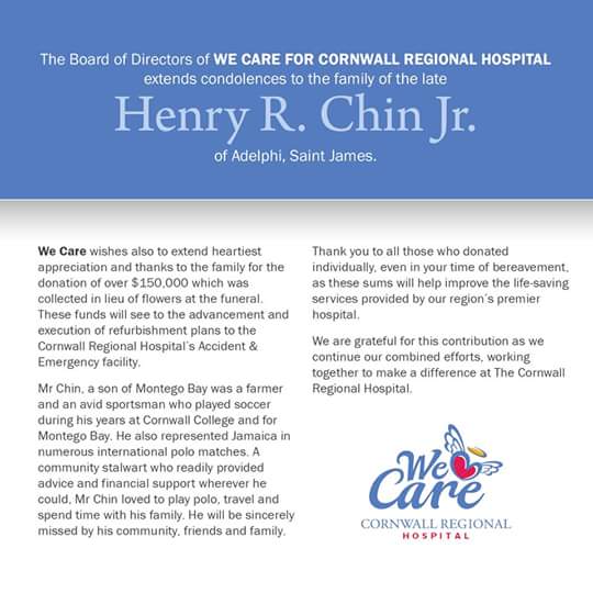 WeCare4Cornwall's tweet photo. Condolences and a big thank you to the family of late #MontegoBay businessman Henry 'Junior' Chin #wecare4cornwall https://t.co/sXWX13Uuso