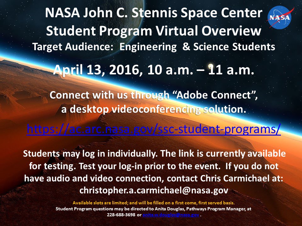 LSUEngineering's tweet photo. Learn about the @NASA Stennis Space Center student program online tomorrow. https://t.co/y0vYUNA8as https://t.co/mxS49cJ64z