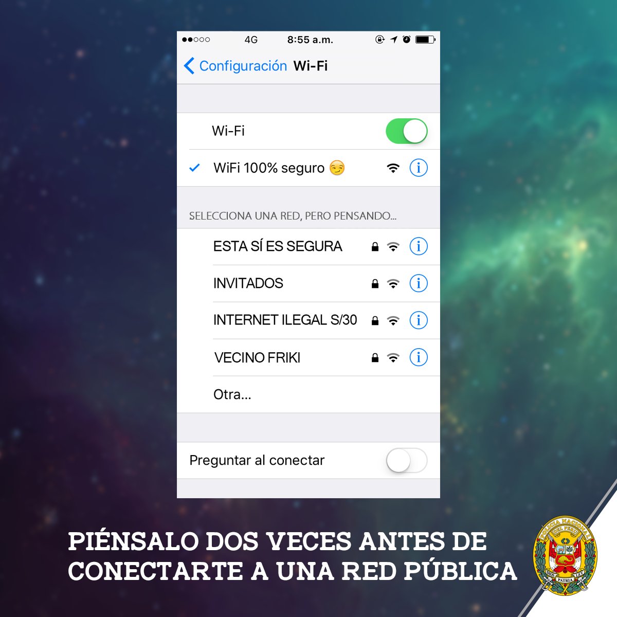 PoliciaPeru's tweet image. Cuidado con las redes públicas desconocidas, no sabes de dónde procede ni quién la gestiona. goo.gl/NP1bPi