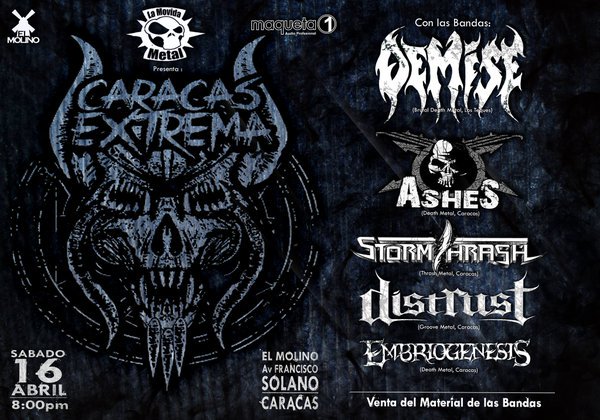 jardindelrock's tweet photo. #CCSEXTREMA con @DemiseHordas @AshesVenezuela @StormThrash @DistrustArmy @Embriogenesisof #16abr en @ElMolinoCcs https://t.co/r6cseNttOJ